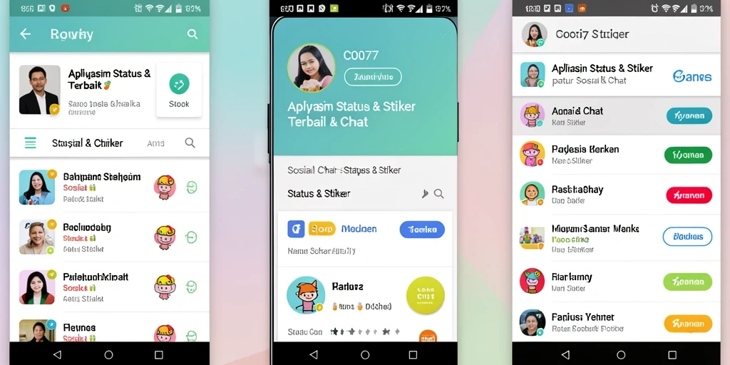 Antarmuka C0077 menampilkan pilihan stiker menarik untuk sosial dan chat.